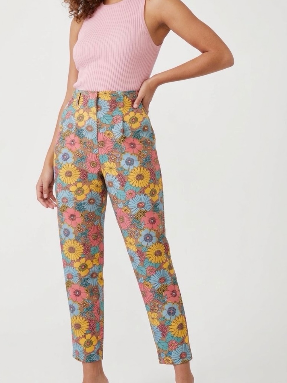 ONE BY CHAPTER ONE Retro Floral High-Rise Ankle Pants Trousers — #LHP